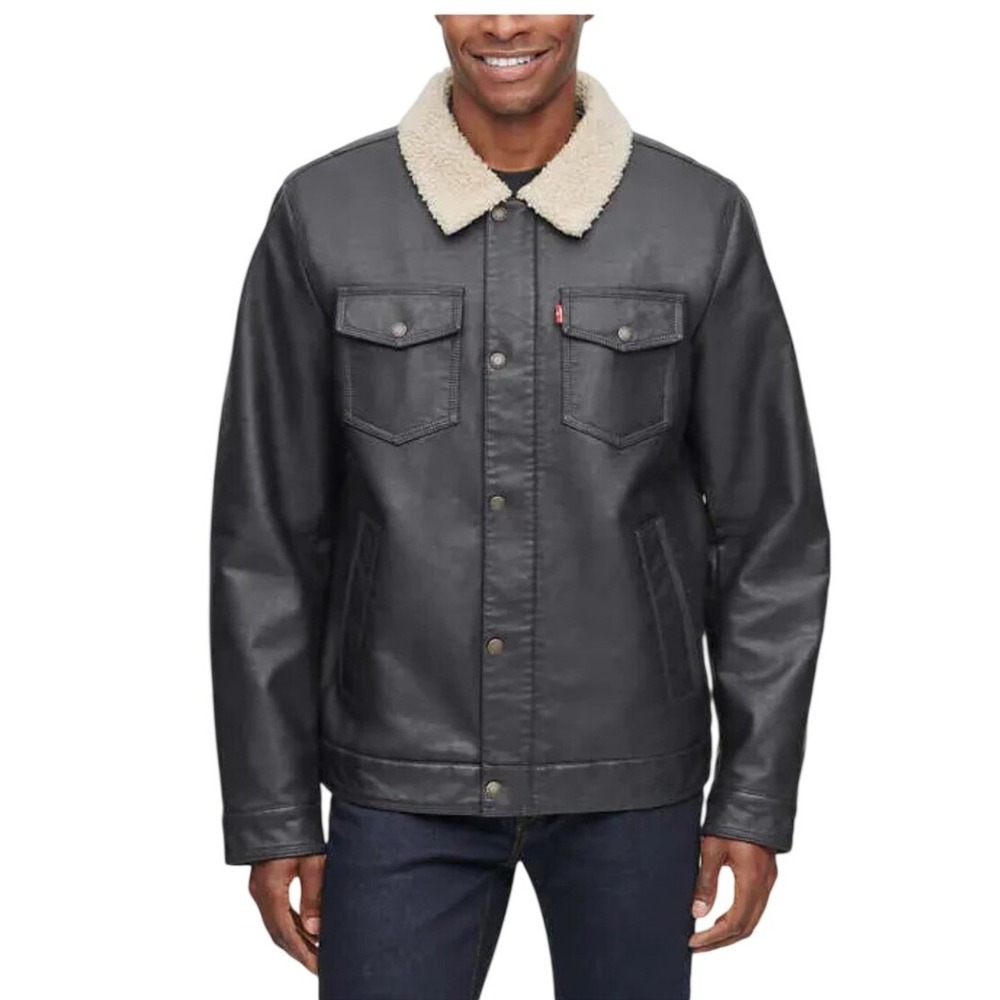 Levis Mens Black Faux Leather Sherpa Trucker Jacket Size S Bomber Full Zip